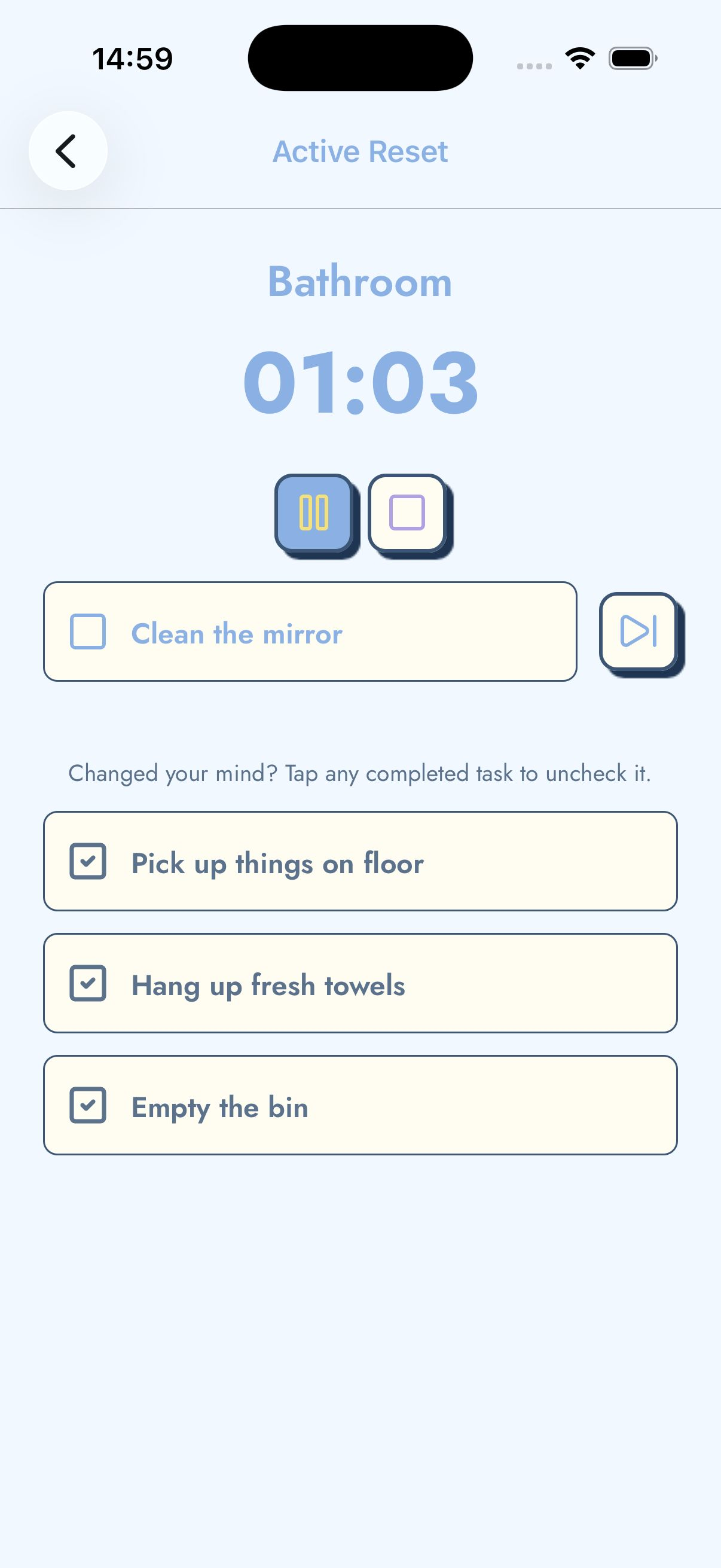TickTidy checklist screen showing room cleaning tasks