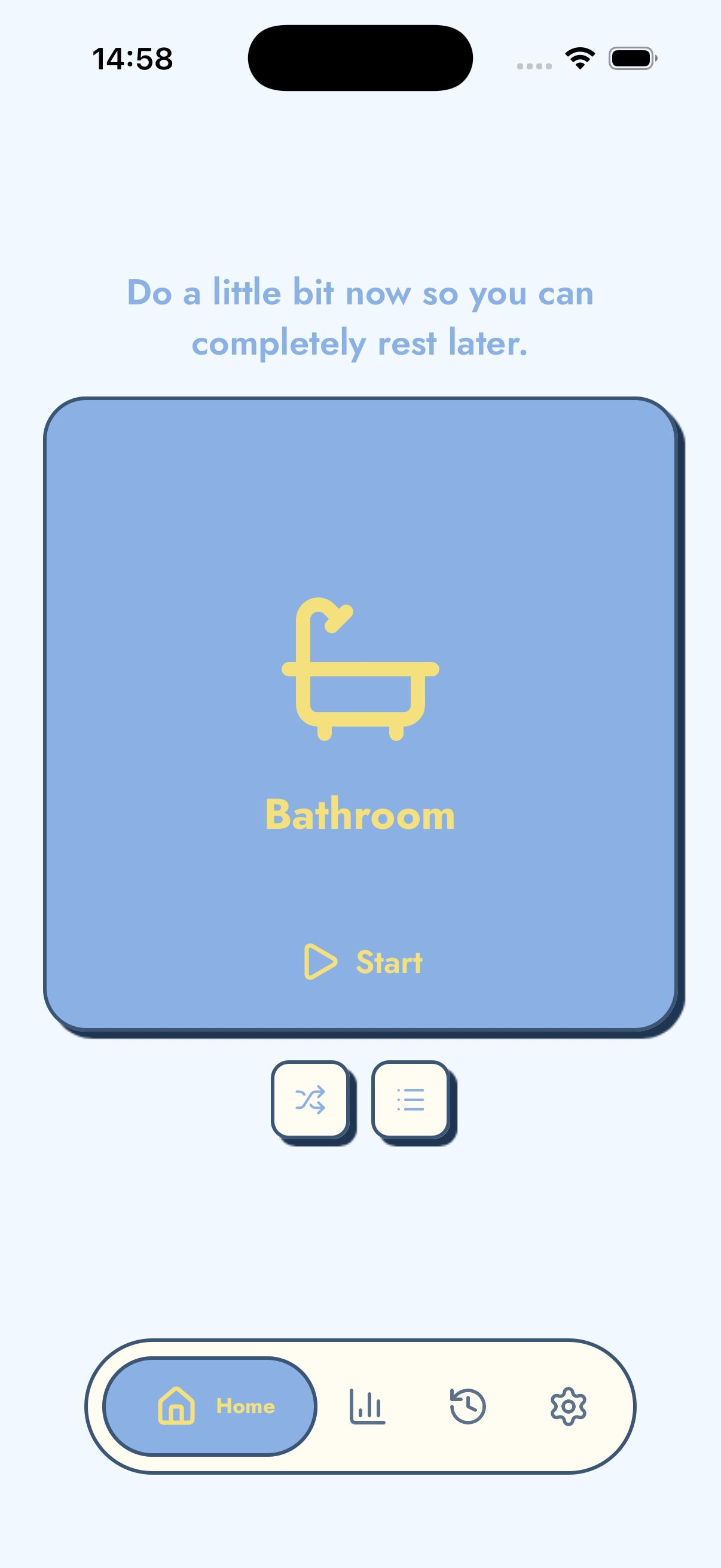 TickTidy home screen for starting a room reset