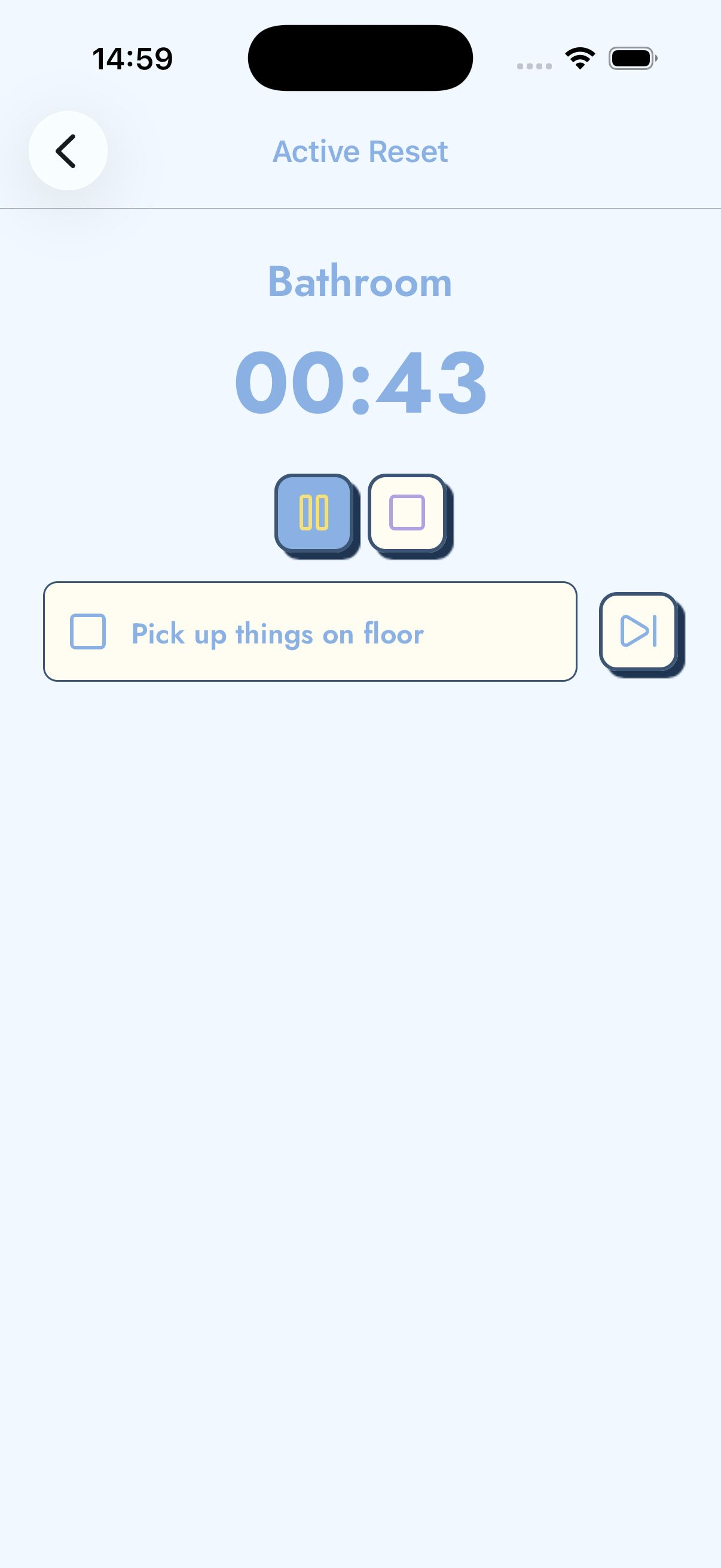 TickTidy timer screen with cleaning checklist